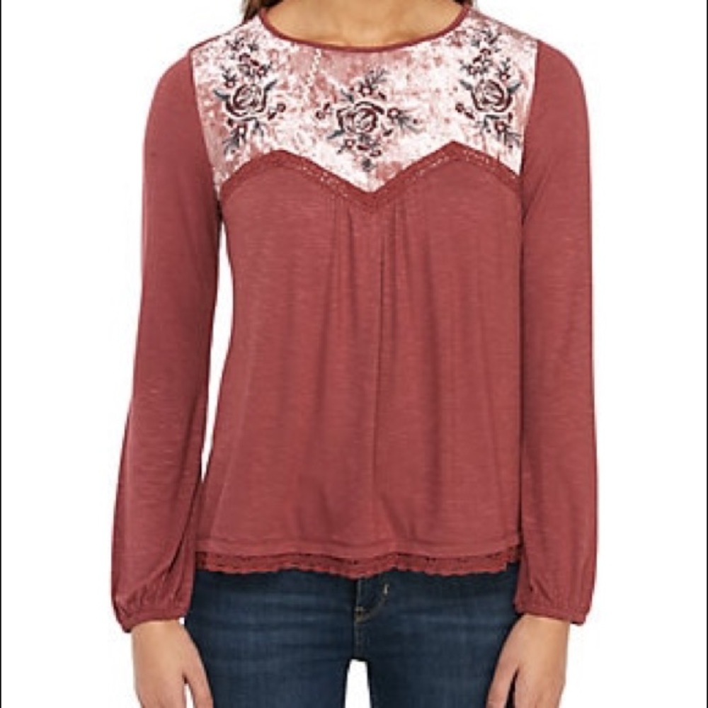 Jolt Long Sleeve Velvet Yoke Top | Size S | NWT